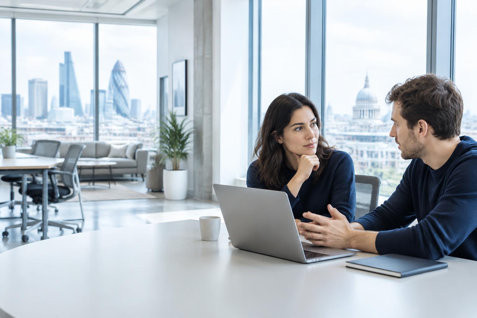 Two startup founders planning their next steps together in a London office